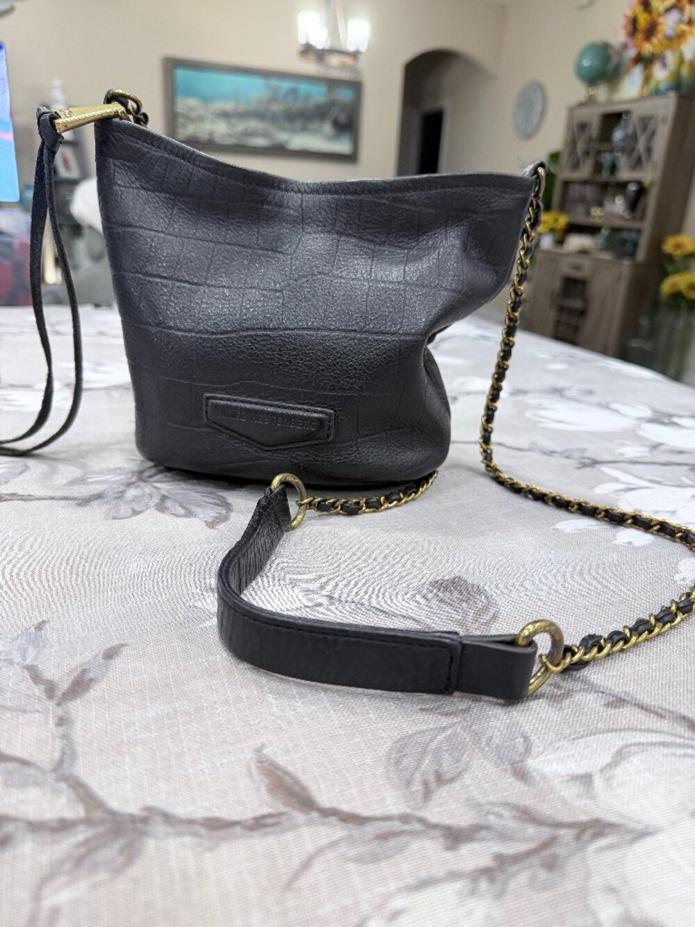 Aimee Kestenberg Black Genuine Leather Croc Embossed Chain Crossbody Bag